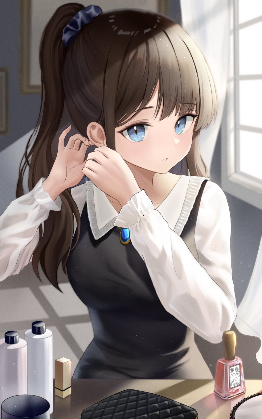 1girl absurdres black_sweater blouse blue_eyes blue_gemstone blue_scrunchie brown_hair gem hair_ornament hair_scrunchie highres indoors light_particles long_hair long_sleeves original parted_lips ponytail scrunchie shirt solo sunlight sweater sweater_vest ttusee5 upper_body white_shirt