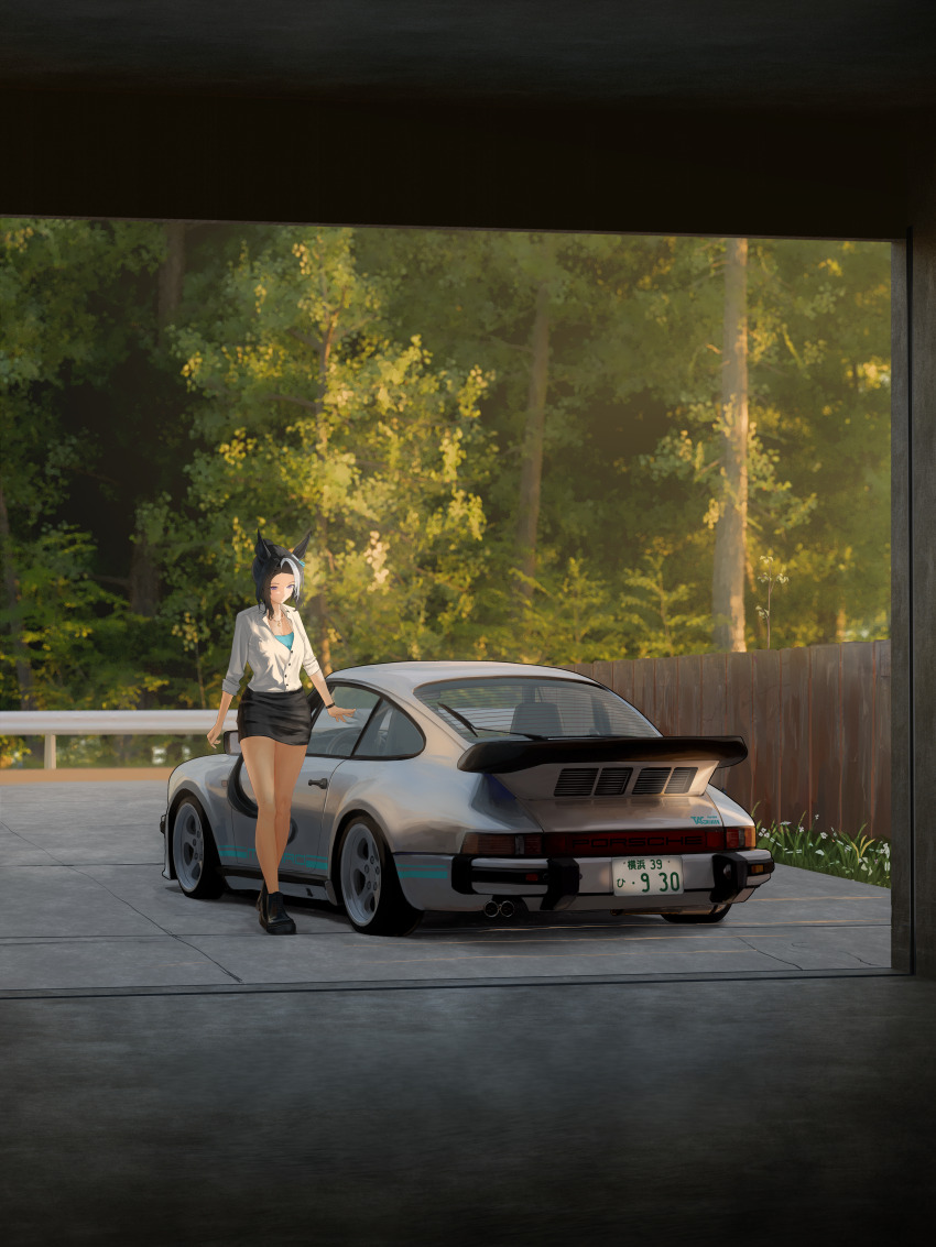 1girl absurdres alternate_costume animal_ears black_hair black_shoes black_skirt car ear_ornament fence full_body guard_rail highres horse_ears horse_girl horse_tail jewelry license_plate long_sleeves mejiro_ramonu_(umamusume) motor_vehicle multicolored_hair necklace outdoors pavement pencil_skirt porsche_911 porsche_930 purple_eyes run_rotary shirt shoes short_hair skirt sneakers solo spoiler_(automobile) standing streaked_hair tail textless_version tree umamusume white_hair white_shirt wooden_fence