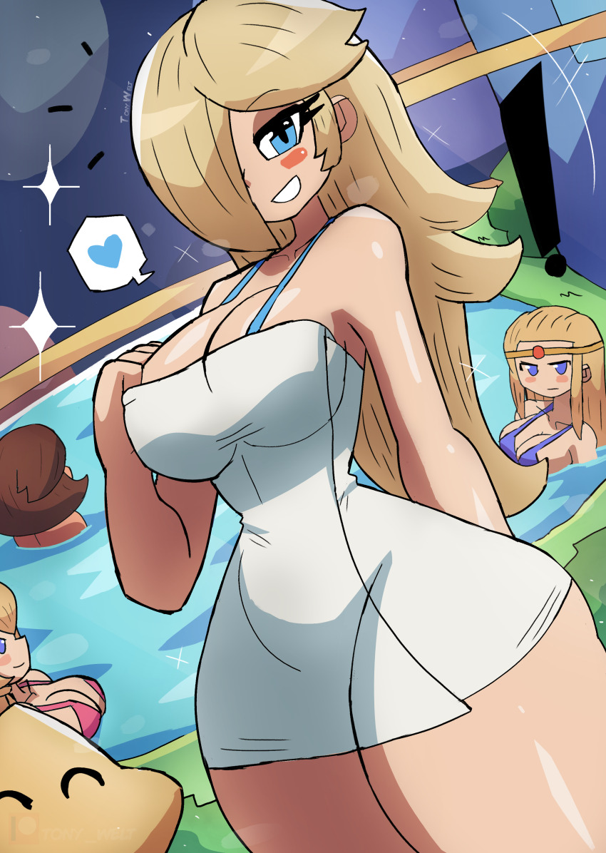 4girls absurdres bikini blonde_hair blue_bikini blue_eyes blush breasts brown_hair bush cleavage collarbone company_connection crossover grass grin hair_over_one_eye heart highres large_breasts long_hair looking_at_viewer luma_(mario) mario_(series) moon multiple_girls nintendo pink_bikini pond princess princess_daisy princess_peach princess_zelda purple_bikini purple_eyes rosalina sky smile space sparkle speech_bubble spoken_heart star_(sky) starry_sky steam super_mario_galaxy swimsuit teeth the_legend_of_zelda thick_thighs thighs tiara tony_welt trait_connection water wide_hips