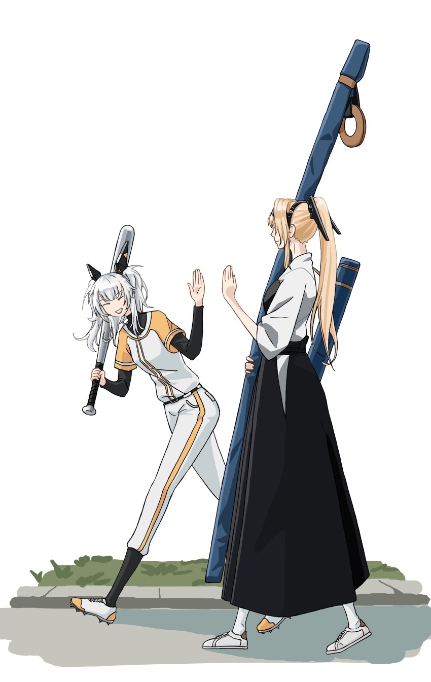 2girls absurdres alternate_costume animal_ears baseball_bat baseball_uniform bianca:_veritas_(pgr) bianca_(pgr) black_bodysuit black_hairband black_hakama black_shirt black_skirt blonde_hair bodysuit bow_(weapon) closed_eyes fake_animal_ears grey_hair hair_intakes hairband hakama headgear highres holding holding_baseball_bat holding_bow_(weapon) holding_weapon japanese_clothes karenina:_scire_(pgr) karenina_(pgr) kimono long_hair long_sleeves multiple_girls orange_shirt pants ponytail punishing:_gray_raven rabbit_ears shirt skirt smile sportswear trashpanda_11b twintails two-tone_shirt weapon white_kimono white_pants white_shirt