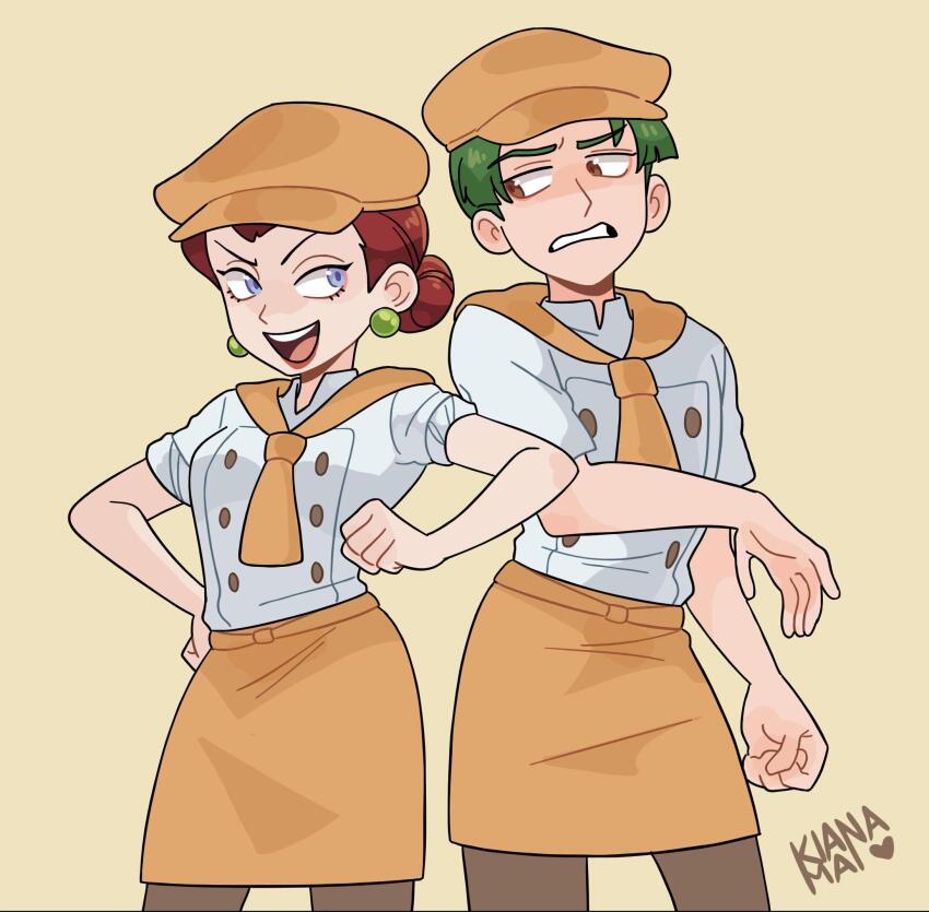 1boy 1girl apron bakery blue_eyes brown_eyes butch_(pokemon) butch_(pokemon)_(cosplay) cosplay green_hair hat highres jessie_(pokemon) kiana_mai looking_at_another mob_cap nintendo pokemon pokemon_(anime) pokemon_journeys red_hair shirt shop team_rocket white_shirt yellow_background