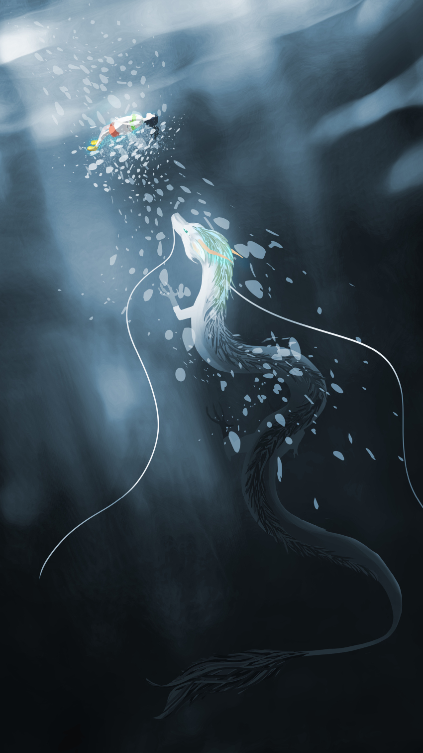 1girl 1other absurdres air_bubble backpack bag black_hair blue_eyes bubble character_request dkaism dragon eastern_dragon faceless glowing highres light_particles looking_at_another non-web_source orange_shorts ponytail reaching reaching_towards_another sen_to_chihiro_no_kamikakushi shorts sinking submerged underwater