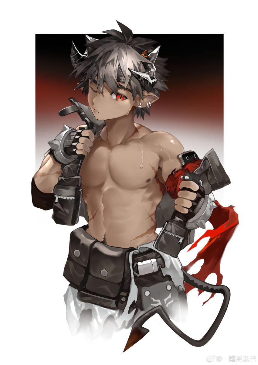 1boy abs absurdres arknights belt_bag black_hair chinese_commentary closed_mouth commentary_request cross_scar demon_boy demon_horns demon_tail highres horns male_focus multiple_scars muscular muscular_male nipples odda_(arknights) one_eye_closed pectorals pointy_ears red_eyes removing_jacket scar scar_on_arm scar_on_stomach sweat tail topless_male undressing watermark weibo_watermark yi_tan_a_mi_ba