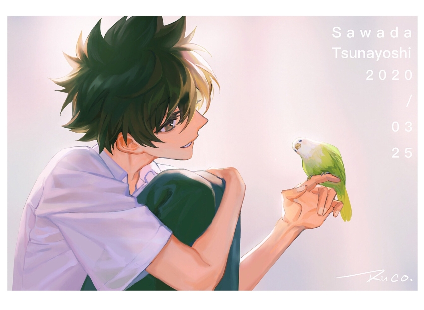 1boy animal animal_on_hand artist_name bird bird_on_hand black_pants brown_eyes character_name collared_shirt dated from_side grey_background grin hair_between_eyes happy_birthday holding holding_animal katekyo_hitman_reborn! knees_up looking_at_animal male_focus pants ru_(famia) sawada_tsunayoshi school_uniform shirt short_hair short_sleeves signature simple_background sitting smile solo teeth white_shirt