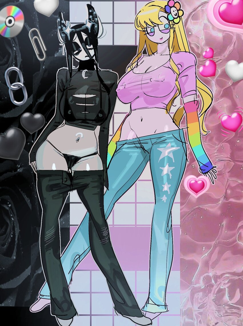 2girls black_hair black_panties black_theme blonde_hair blue_eyes breasts cleavage covered_erect_nipples eeeeee03714610 eyelashes eyeshadow flower full_body graffiti hair_between_eyes hair_flower hair_ornament half-closed_eyes heart highres hypnosis jacket large_breasts long_hair looking_at_viewer lowleg lowleg_panties lowleg_pants makeup midriff mind_control multiple_girls navel nipples no_bra off_shoulder original panties pants pink_theme sketch smile standing thong underwear very_long_hair yin_yang