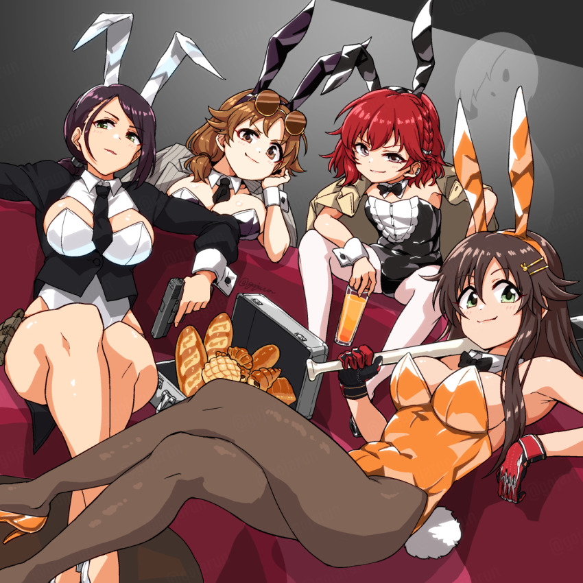 4girls animal_ears baseball_bat between_breasts black_hair black_leotard black_pantyhose bow bowtie bread breasts briefcase brown_eyes brown_hair coat coat_on_shoulders couch cup detached_collar ear_piercing eyewear_on_head fake_animal_ears food ghost glasses glock gloves gojarun green_eyes gun hair_ornament hairclip handgun highres himekawa_yuki holding holding_baseball_bat holding_cup holding_gun holding_weapon idolmaster idolmaster_cinderella_girls jacket katagiri_sanae large_breasts leotard long_hair looking_at_viewer multiple_girls murakami_tomoe necktie necktie_between_breasts on_couch orange_leotard pantyhose pastry piercing playboy_bunny ponytail rabbit_ears red_hair shirasaka_koume short_hair sitting small_breasts strapless strapless_leotard twitter_username weapon white_leotard white_pantyhose wrist_cuffs yamato_aki