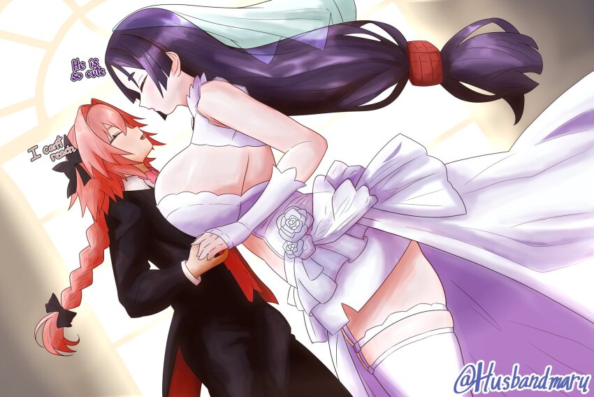 1boy 1girl astolfo_(fate) black_bow blush bow braid breasts bridal_veil bride dress elbow_gloves fate/apocrypha fate/grand_order fate_(series) gloves groom hair_intakes height_difference highres huge_breasts husbandmaru large_breasts long_braid long_hair minamoto_no_raikou_(fate) multicolored_hair parted_bangs pink_hair purple_hair single_braid smile strapless strapless_dress streaked_hair tall_female trap tuxedo veil very_long_hair wedding wedding_dress white_dress white_gloves