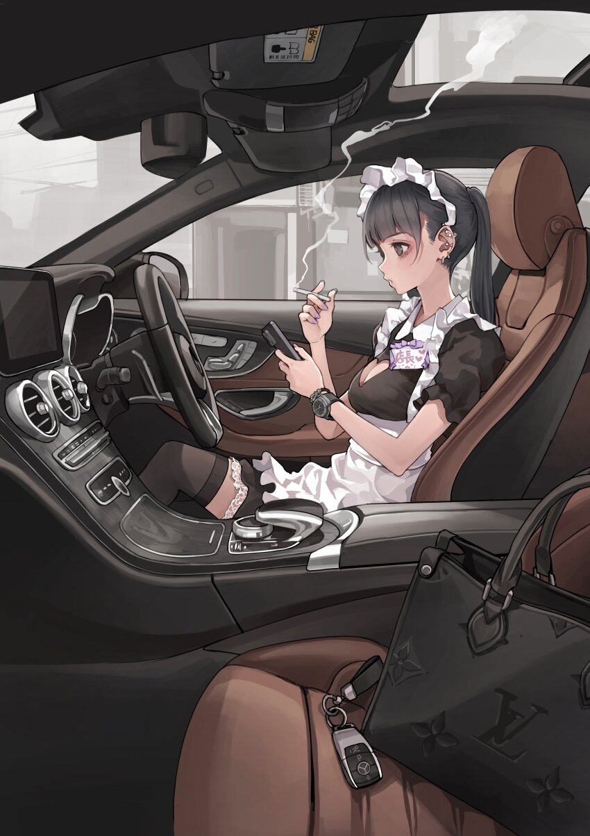 1girl absurdres apron bag black_hair black_thighhighs blunt_bangs bracelet breasts brown_eyes car_interior car_keys cellphone cigarette cleavage_cutout clothing_cutout commentary_request day ear_piercing frilled_apron frilled_hairband frills from_side hairband handbag heart_cutout highres holding holding_cigarette holding_phone jewelry keyring koh_(minagi_kou) long_hair looking_at_phone louis_vuitton_(brand) maid maid_apron maid_day medium_breasts mercedes-benz multiple_piercings original parted_lips phone piercing ponytail puffy_short_sleeves puffy_sleeves revision short_sleeves sidelocks sitting smartphone smoke smoking solo steering_wheel thighhighs watch white_apron white_hairband wristwatch
