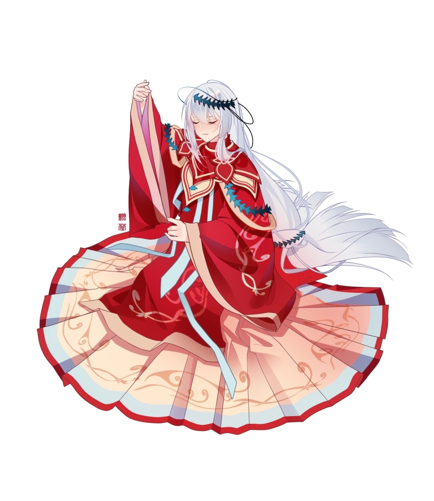 1girl arknights arm_up chinese_clothes chinese_commentary closed_eyes closed_mouth commentary_request danzhuangnongmozongxiangyi013 dress full_body grey_hair hair_between_eyes hair_ornament highres light_smile long_hair long_sleeves outstretched_arm red_dress simple_background skadi_(arknights) solo very_long_hair white_background wide_sleeves