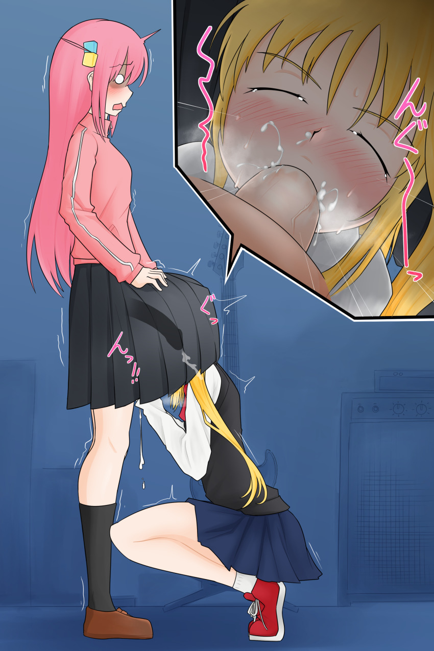 1futa 1girl absurdres blonde_hair blush bocchi_the_rock! breasts closed_eyes clothed_sex cum cum_in_mouth ejaculation fellatio futa_with_female futanari gotoh_hitori hair_ornament heart highres ijichi_nijika japanese_text large_penis looking_at_viewer medium_breasts nodachi nodachinsfw o_o open_mouth oral penis pink_hair ponytail squatting surprised trembling veins veiny_penis