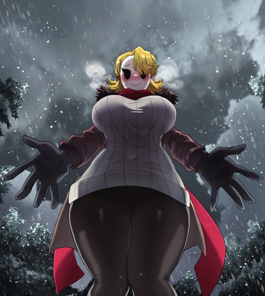 1girl 2023 alternate_costume black_gloves blonde_hair blush borrowed_character breasts cloud cloudy_sky commentary commission cowboy_shot dalsegno english_commentary foreshortening forest from_below fur-trimmed_jacket fur_trim gloves grey_jacket grey_sky grey_sweater hair_over_one_eye highres jacket large_breasts legs_together locket_white_(bakalorin) mario_(series) nature navel nintendo original outdoors outstretched_arms overcast pants reaching reaching_towards_viewer scarf shy_gal size_difference sky smile snow spread_fingers sweater swept_bangs taut_clothes thick_thighs thighs tight_clothes tight_pants tree underboob white_mask