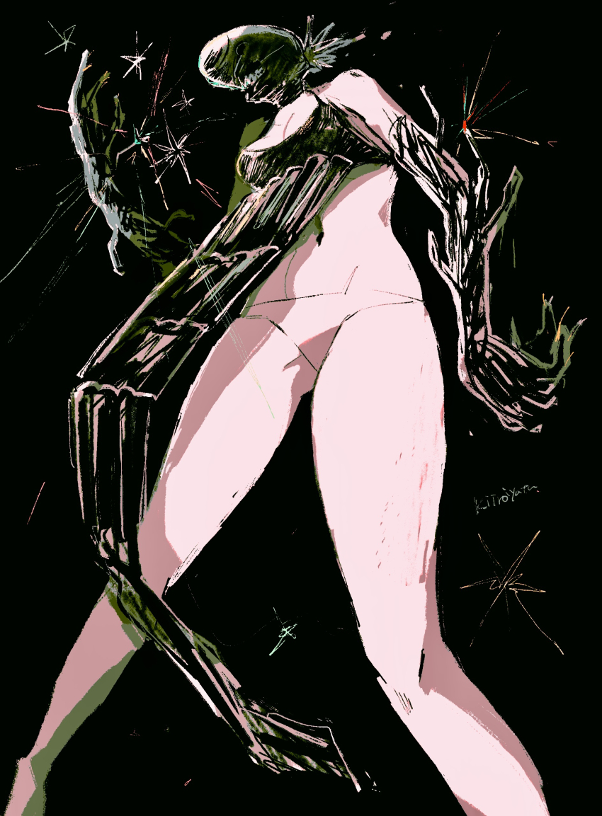 1girl absurdres apron black_apron black_background black_gloves bomb_devil_(chainsaw_man) breasts chainsaw_man elbow_gloves from_below gloves highres medium_breasts object_head panties pokoppe solo underwear white_panties