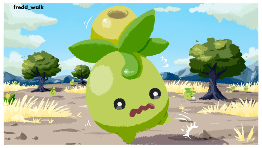 blue_sky border cloud day flying_sweatdrops fredd_walk grass highres motion_lines mountainous_horizon nintendo no_humans o_o olive open_mouth outdoors pokemon pokemon_(creature) pokemon_focus rock sky sleeping smoliv solo_focus tree wavy_mouth white_border