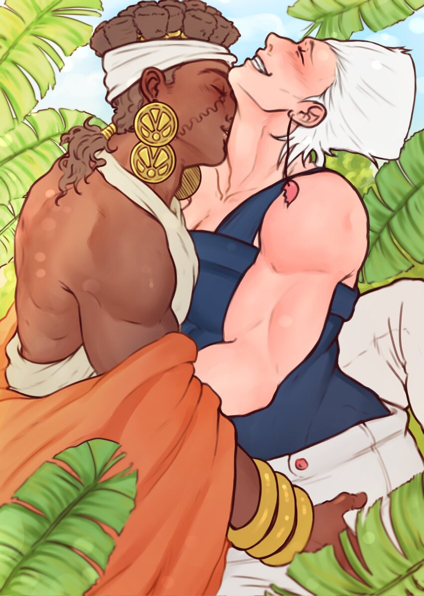 2boys bacchyarts blush closed_eyes couple dark-skinned_male dark_skin earrings grey_hair highres hug jean_pierre_polnareff jewelry jojo_no_kimyou_na_bouken kissing_neck male_focus mohammed_avdol multiple_boys muscular muscular_male pants smile stardust_crusaders undressing white_pants yaoi