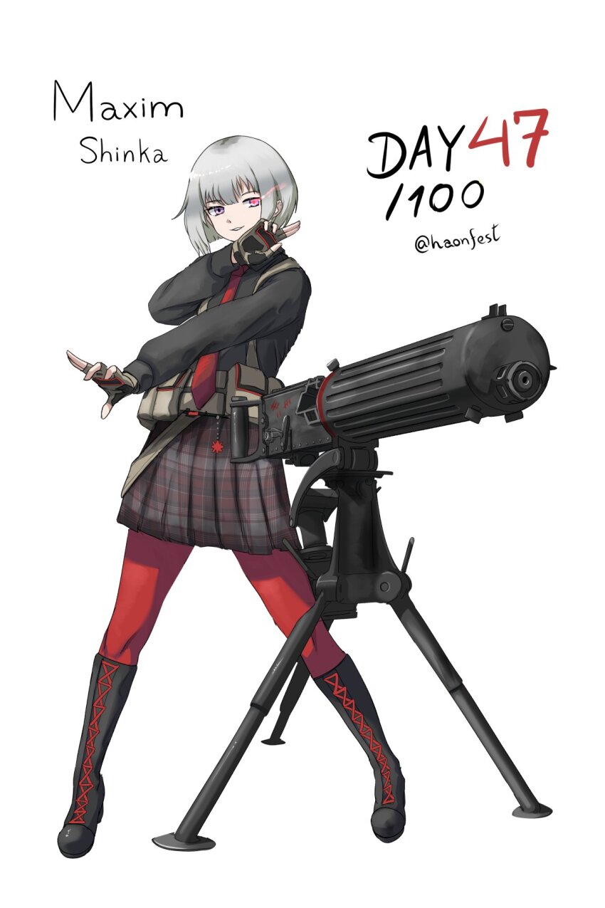 1girl black_boots black_gloves black_jacket boots english_text fingerless_gloves gloves grey_hair gun haonfest highres jacket machine_gun maxim_gun necktie original pantyhose plaid_clothes plaid_skirt purple_eyes red_necktie red_pantyhose red_skirt short_hair skirt solo tripod weapon white_background