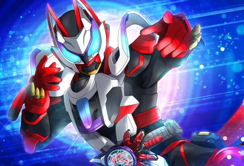 1boy animal_ears armor blue_background blue_eyes boost_mark_ii_buckle cyberpunk desire_driver exhaust_pipe fox fox_ears gloves gradient_eyes highres kamen_rider kamen_rider_geats kamen_rider_geats_(series) kamen_rider_geats_laser_boost_form laser_raise_riser male_focus miyabi_(037) multicolored_eyes red_gloves rider_belt shoulder_armor thighs tokusatsu upper_body white_armor