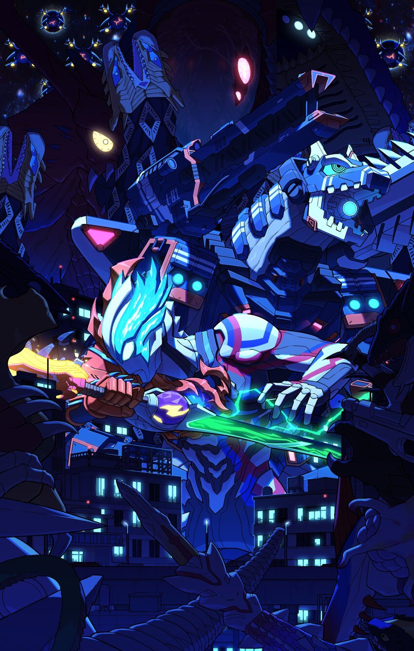 absurdres alien artificial_eye bbb_(fabio8552) building commentary double_blade earth_garon electricity gebalga glowing glowing_eyes glowing_sword glowing_weapon highres holding holding_sword holding_weapon irugo kaiju mecha mechanical_eye night no_humans open_mouth robot science_fiction sword tilsofird_lancer tokusatsu ultra_series ultraman_blazar ultraman_blazar_(series) varallon weapon