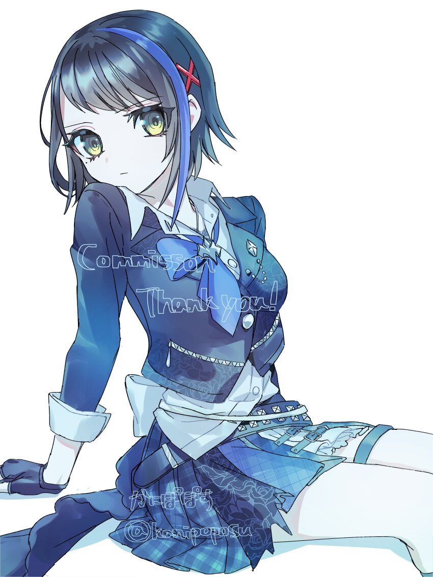 1girl absurdres arm_support black_gloves black_hair black_jacket black_skirt blue_hair blue_neckerchief breasts closed_mouth collared_shirt commentary_request commission cosplay cropped_jacket denonbu fingerless_gloves gloves green_eyes hair_ornament highres idol_clothes idolmaster idolmaster_cinderella_girls invisible_chair jacket kanipoposu large_breasts long_sleeves looking_at_viewer multicolored_hair neckerchief next_frontier_(idolmaster) pleated_skirt seto_mitsuki shirt short_hair simple_background sitting skeb_commission skirt solo streaked_hair thigh_strap white_background white_shirt x_hair_ornament