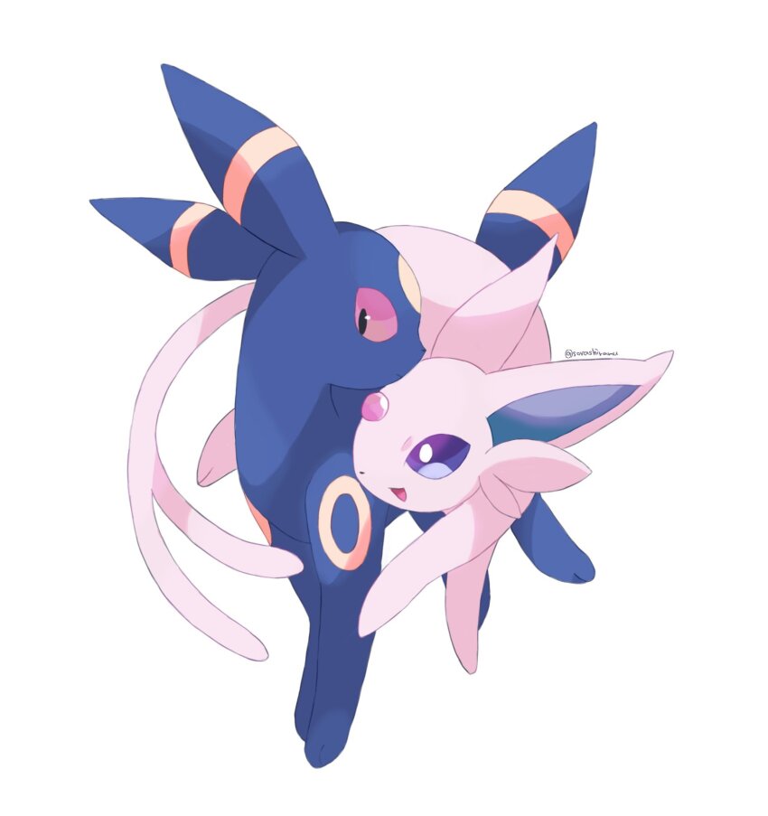 black_eyes closed_mouth colored_sclera commentary espeon gen_2_pokemon highres looking_down nintendo no_humans open_mouth pokemon pokemon_(creature) purple_eyes red_sclera simple_background smile sorashiramu symbol-only_commentary twitter_username umbreon white_background