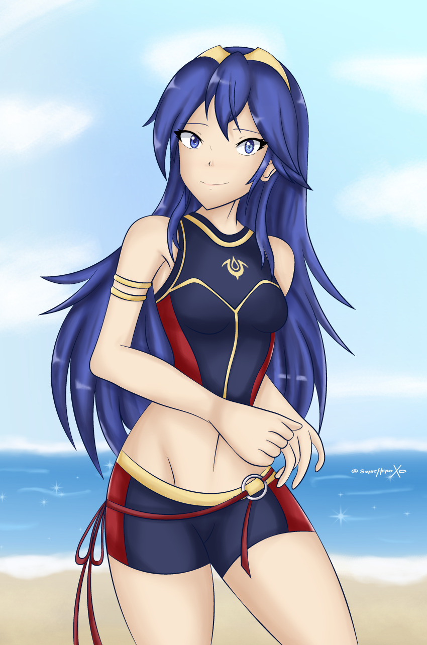 1girl absurdres ahoge armlet armpit_crease artist_name beach bikini bikini_shorts blue_bikini blue_eyes blue_hair brand_of_the_exalt breasts clenched_hands eyelashes female_focus fire_emblem fire_emblem_awakening groin happy highres intelligent_systems jewelry long_hair lucina_(cipher_swimsuit)_(fire_emblem) lucina_(fire_emblem) matching_hair/eyes midriff navel neck nintendo ocean official_alternate_costume outdoors print_bikini shorts sidelocks small_breasts smile sonicheroxd standing stomach summer swimsuit symbol_in_eye thighs tiara
