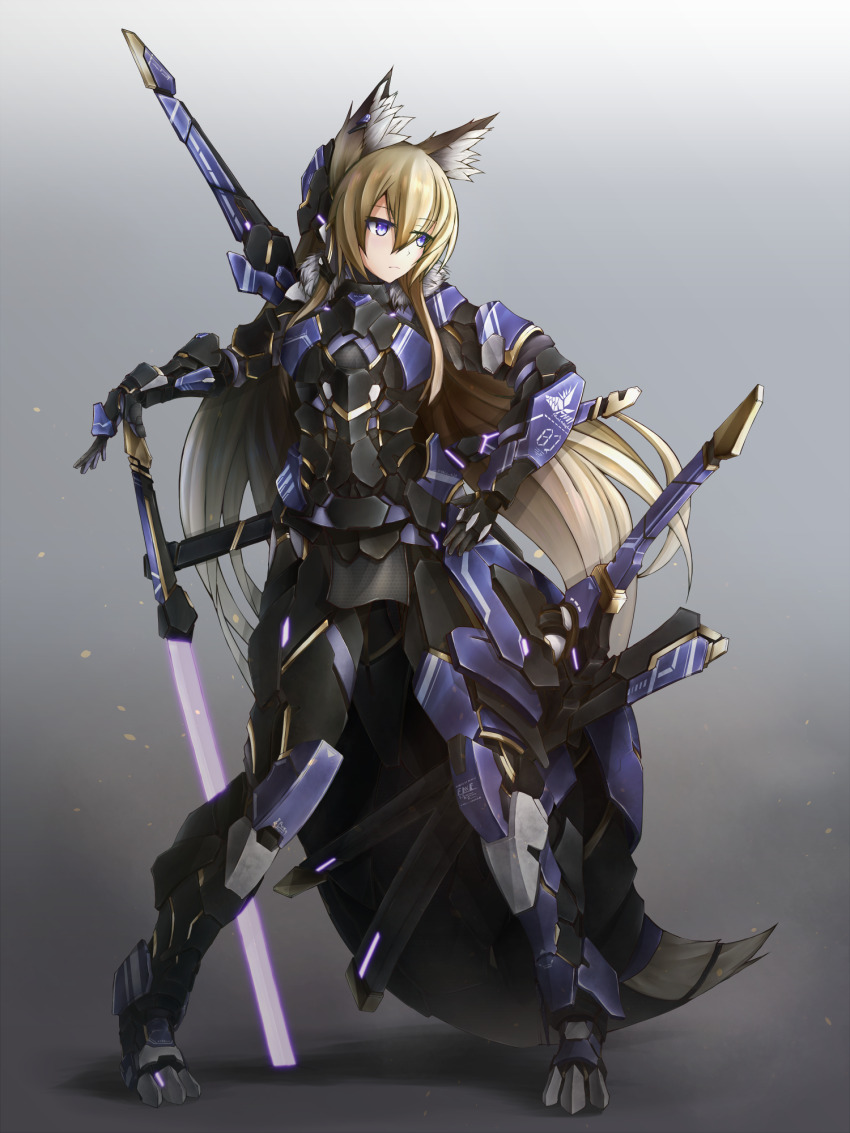 1girl animal_ear_fluff animal_ears armor blonde_hair blue_eyes bodysuit energy_sword fox_ears fox_tail full_body hair_between_eyes hand_on_hilt hand_on_own_hip highres hyemalequisetum long_hair looking_to_the_side mecha_musume multiple_swords multiple_weapons original planted planted_sword planted_weapon purple_eyes science_fiction sheath solo standing sword tail very_long_hair weapon