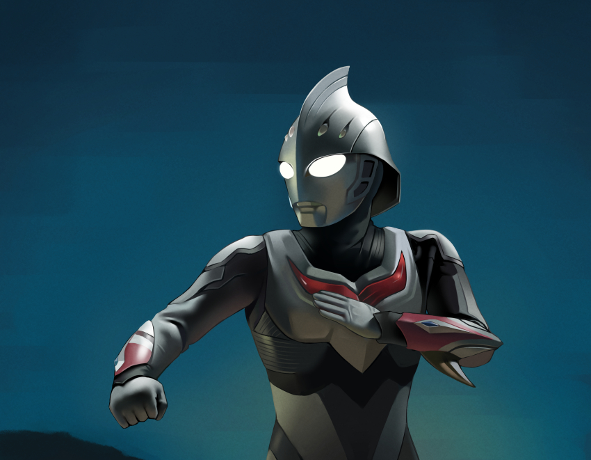 1boy absurdres alien arm_blade armor bbk_(bbkbebek7) black_skin breastplate clear_sky clenched_hand color_timer colored_skin commentary compound_eyes dorsal_fin english_commentary fighting_stance giant glowing glowing_eyes grey_skin hands_up highres looking_ahead male_focus mountain multicolored_skin night night_sky outdoors pectorals silver_skin sky solo standing tokusatsu ultra_series ultraman_nexus ultraman_nexus_(series) ultraman_nexus_anphans upper_body vambraces weapon white_eyes wrinkled_skin