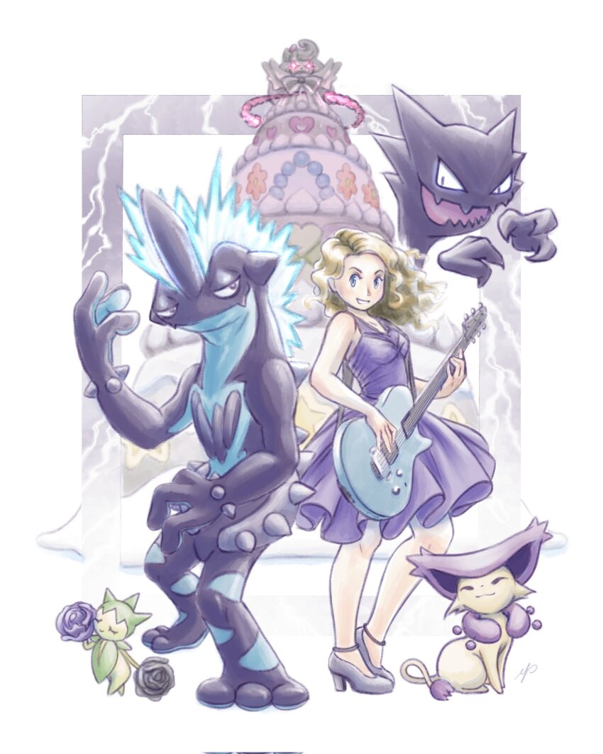 alcremie blonde_hair delcatty dress electric_guitar gen_1_pokemon gen_3_pokemon gen_8_pokemon gigantamax gigantamax_alcremie guitar haunter high_heels highres instrument kitten_heels mgishere nintendo pokemon pokemon_(creature) purple_dress roselia_(pokemon) short_dress taylor_swift toxtricity toxtricity_(low_key)