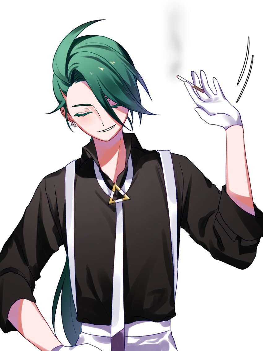1girl 9eras9 androgynous black_shirt cigarette closed_eyes creatures_(company) earrings facing_viewer game_freak gloves green_hair hand_on_own_hip hand_up highres holding holding_cigarette jewelry long_hair necktie nintendo pokemon pokemon_masters_ex reverse_trap rika_(pokemon) shirt simple_background smile smoke solo suspenders swept_bangs triangle_earrings upper_body white_background white_gloves white_necktie