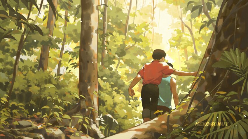 2boys artist_name black_hair black_pants bush commentary day denim facing_away foliage forest from_behind grass hand_up highres jeans leaf male_focus multiple_boys nature nekokonut22 original outdoors pants plant red_shirt rock scenery shirt short_hair short_sleeves sleeveless standing sunlight symbol-only_commentary tree walking wide_shot