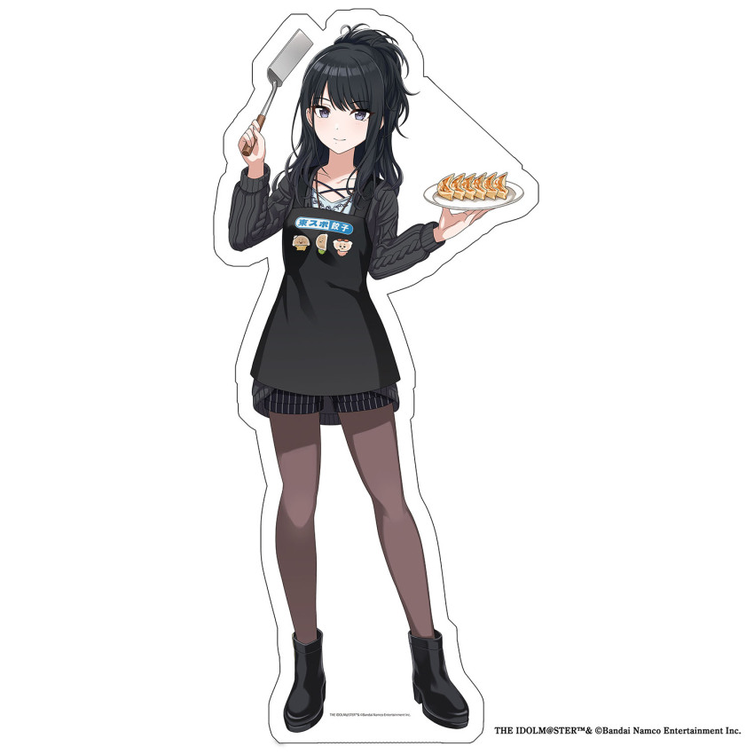 1girl apron black_hair blue_eyes boots english_text food full_body high_heel_boots high_heels holding idolmaster idolmaster_shiny_colors japanese_text kazano_hiori mole mole_under_mouth official_art outline pantyhose plate promotional_art short_shorts shorts smile solo spatula
