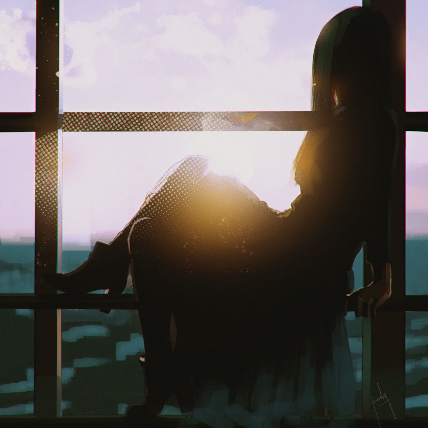 1girl absurdres arm_support black_boots black_dress boots commentary dress facing_away female_focus from_side highres looking_outside original sergey_orlov signature sitting solo sun