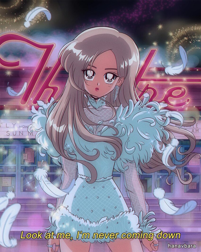 1990s_(style) 1girl artist_name blackpink blonde_hair closed_mouth collared_dress commentary cowboy_shot dress earrings english_commentary falling_feathers feathers hanavbara highres jewelry k-pop long_hair lyrics pink_lips real_life retro_artstyle rose_(blackpink) see-through_clothes see-through_sleeves solo