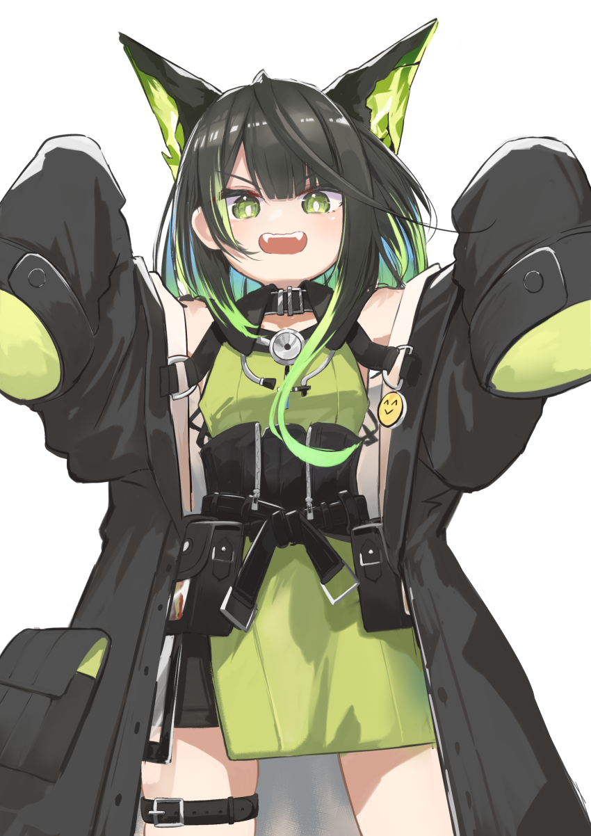 1girl absurdres ahoge animal_ears arknights belt belt_buckle belt_pouch black_coat black_hair black_pouch buckle cat_ears coat cowboy_shot detached_sleeves dress fangs green_dress green_eyes green_hair highres kashiyarrm looking_at_viewer medium_hair mon3tr_(arknights) multicolored_hair open_clothes open_coat open_mouth pouch simple_background sleeves_past_fingers sleeves_past_wrists solo streaked_hair thigh_belt thigh_strap white_background