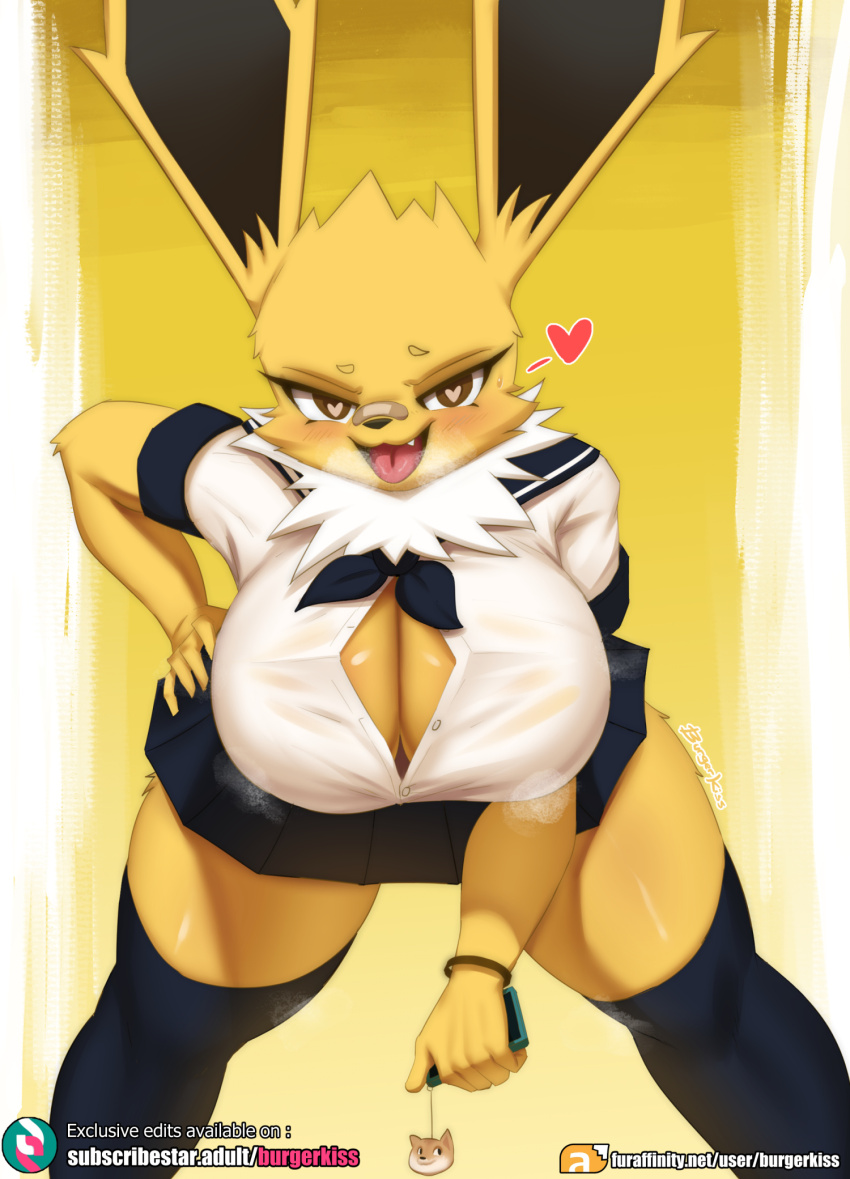1girl artist_name band-aid band-aid_on_face band-aid_on_nose bandage_on_nose bandages big_breasts blue_skirt breasts breath burgerkiss cellphone charm_(object) cleavage_cutout clothing_cutout doge eyelashes fang female female_focus fur furry furry_female gen_1_pokemon heart heart-shaped_pupils heart_eyes highres holding holding_phone huge_breasts jolteon large_ears looking_at_viewer meme microskirt miniskirt nintendo open_clothes open_mouth open_shirt personification phone pokemon pokemon_(creature) school_uniform simple_background skirt smile solo solo_focus subscribestar_logo subscribestar_username symbol-shaped_pupils tagme teeth thick_thighs thighhighs thighs tongue tongue_out unbuttoned uniform watermark wide_hips yellow_background yellow_eyes yellow_fur