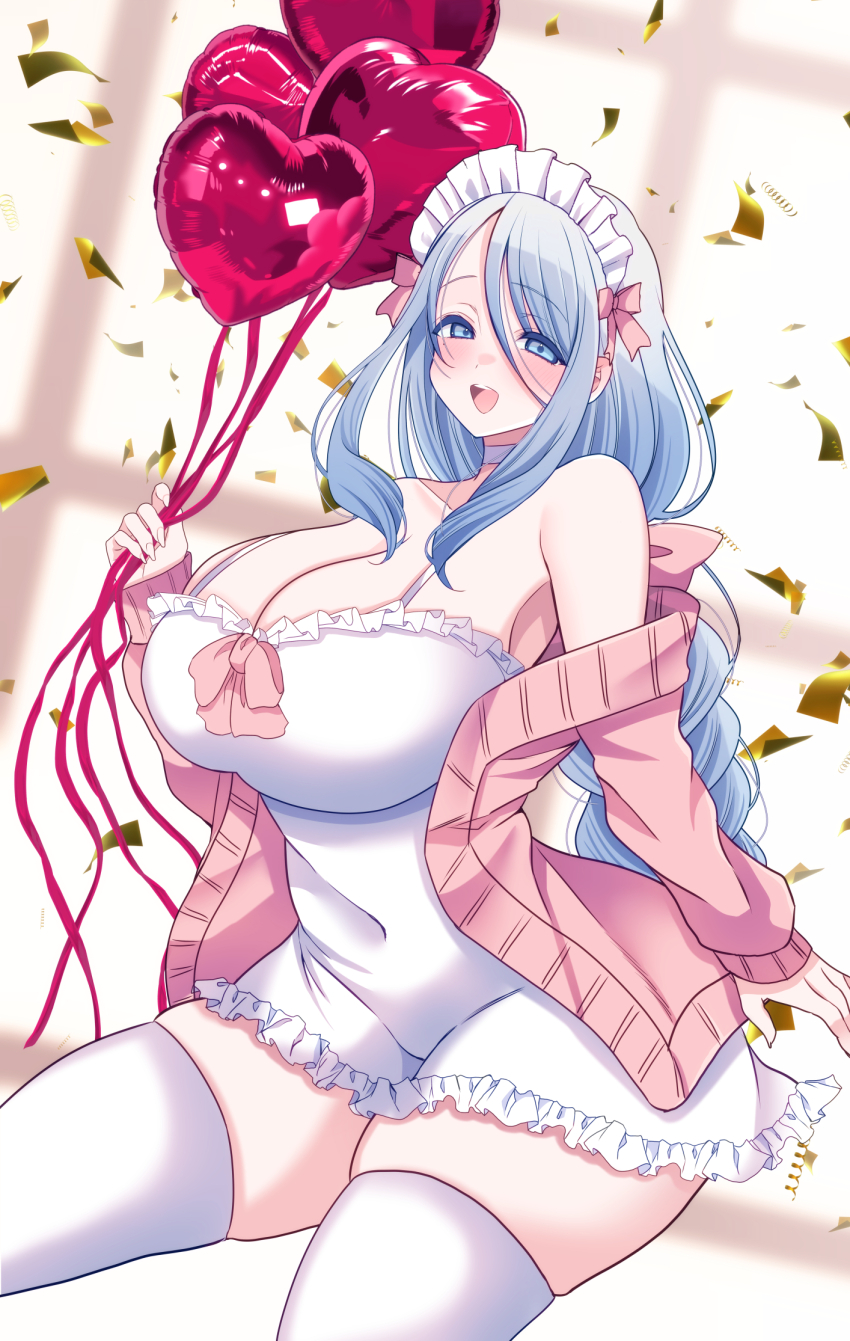 1girl aizawa_chihiro balloon blue_eyes blue_hair bow breasts cardigan character_request cleavage confetti copyright_request dress frilled_dress frills hair_between_eyes heart_balloon highres holding holding_balloon huge_breasts long_braid long_hair long_sleeves maid_headdress mole mole_under_eye open_cardigan open_clothes open_mouth pink_bow pink_cardigan solo thighhighs white_dress white_thighhighs