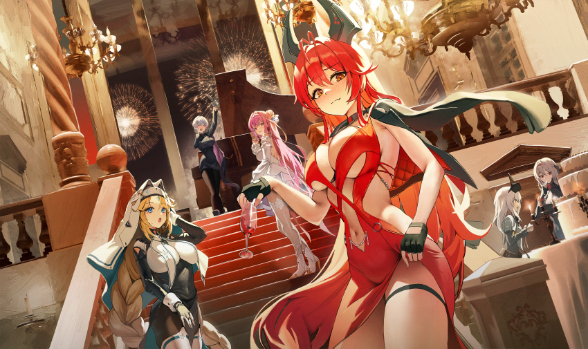 6+girls absurdres aerial_fireworks arm_up armored_bodysuit black_dress black_gloves black_jacket blonde_hair blue_eyes braid breasts cake chandelier cleavage closed_mouth clothing_cutout commentary cross cross_facial_mark dorothy_(nikke) dress evening_gown facial_mark fang fingerless_gloves fireworks food gloves goddess_(nikke) goddess_of_victory:_nikke grand_piano grey_hair hallo_(rltkdydrltk) hand_up head-mounted_display high_heels highres horns instrument jacket jacket_on_shoulders large_breasts layer_cake liliweiss_(nikke) long_braid long_hair looking_at_viewer low-braided_long_hair low-tied_long_hair mechanical_horns multiple_girls navel_cutout official_alternate_costume open_mouth piano pillar pink_hair rapunzel_(nikke) rapunzel_(pure_grace)_(nikke) red_dress red_eyes red_hair red_hood_(nikke) red_hood_(nonsense_red)_(nikke) scarlet_(black_shadow)_(nikke) scarlet_(nikke) short_hair skin_fang snow_white_(innocent_days)_(nikke) snow_white_(nikke) stairs thigh_strap thighs visor_(armor) visor_lift white_dress white_footwear white_hair