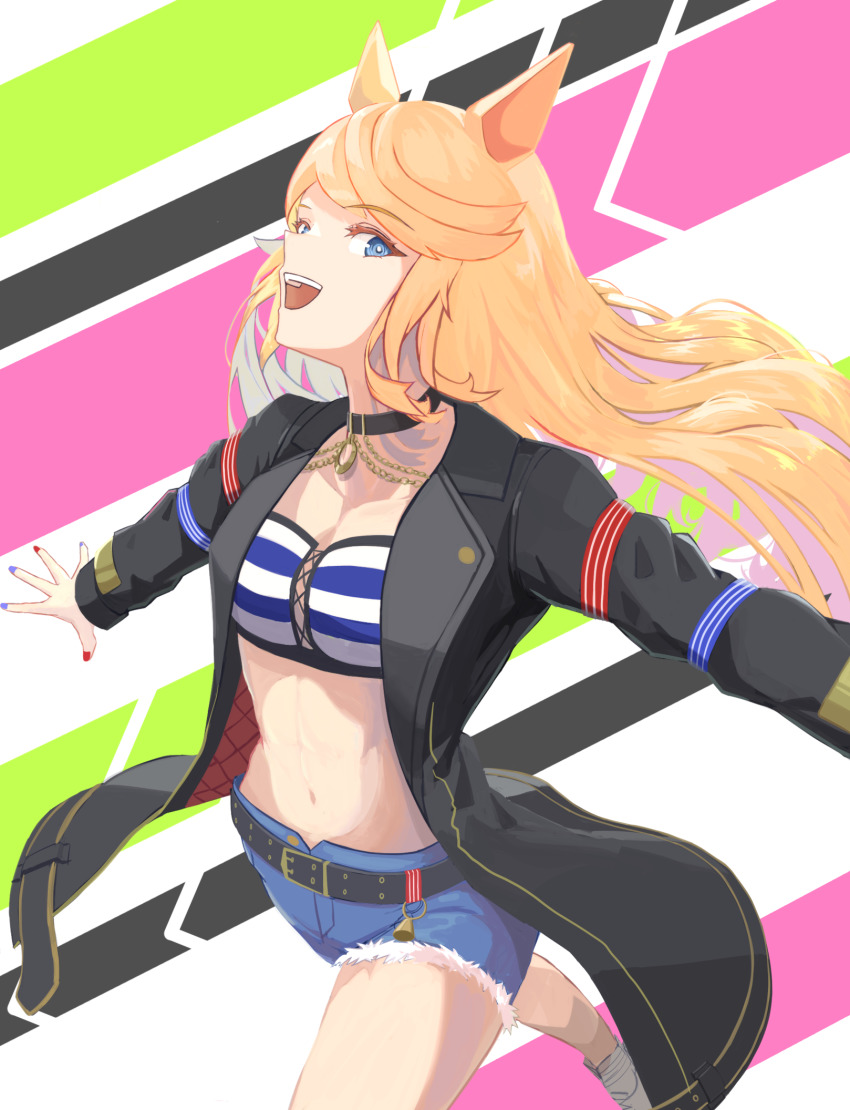 1girl :d animal_ears bandeau belt black_belt black_choker black_jacket blonde_hair blue_eyes choker commentary crop_top cutoffs denim denim_shorts gold_city_(umamusume) highres horse_ears horse_girl jacket long_hair long_sleeves looking_at_viewer madori_(madori151) midriff navel open_clothes open_jacket open_mouth short_shorts shorts smile solo stomach strapless thighs tube_top umamusume