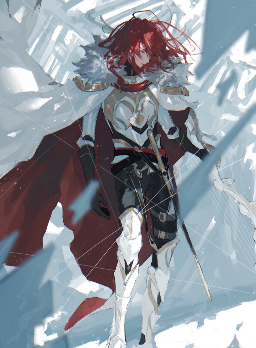 1boy armor black_gloves bow_(weapon) cape closed_eyes elbow_gloves failnaught_(fate) fate/grand_order fate_(series) floating_hair fur-trimmed_cape fur_trim gloves hair_between_eyes harp highres holding holding_bow_(weapon) holding_weapon instrument knights_of_the_round_table_(fate) long_hair male_focus red_hair sheath sheathed solo sword thread tristan_(fate) uda_(xax_057) weapon white_armor white_cape