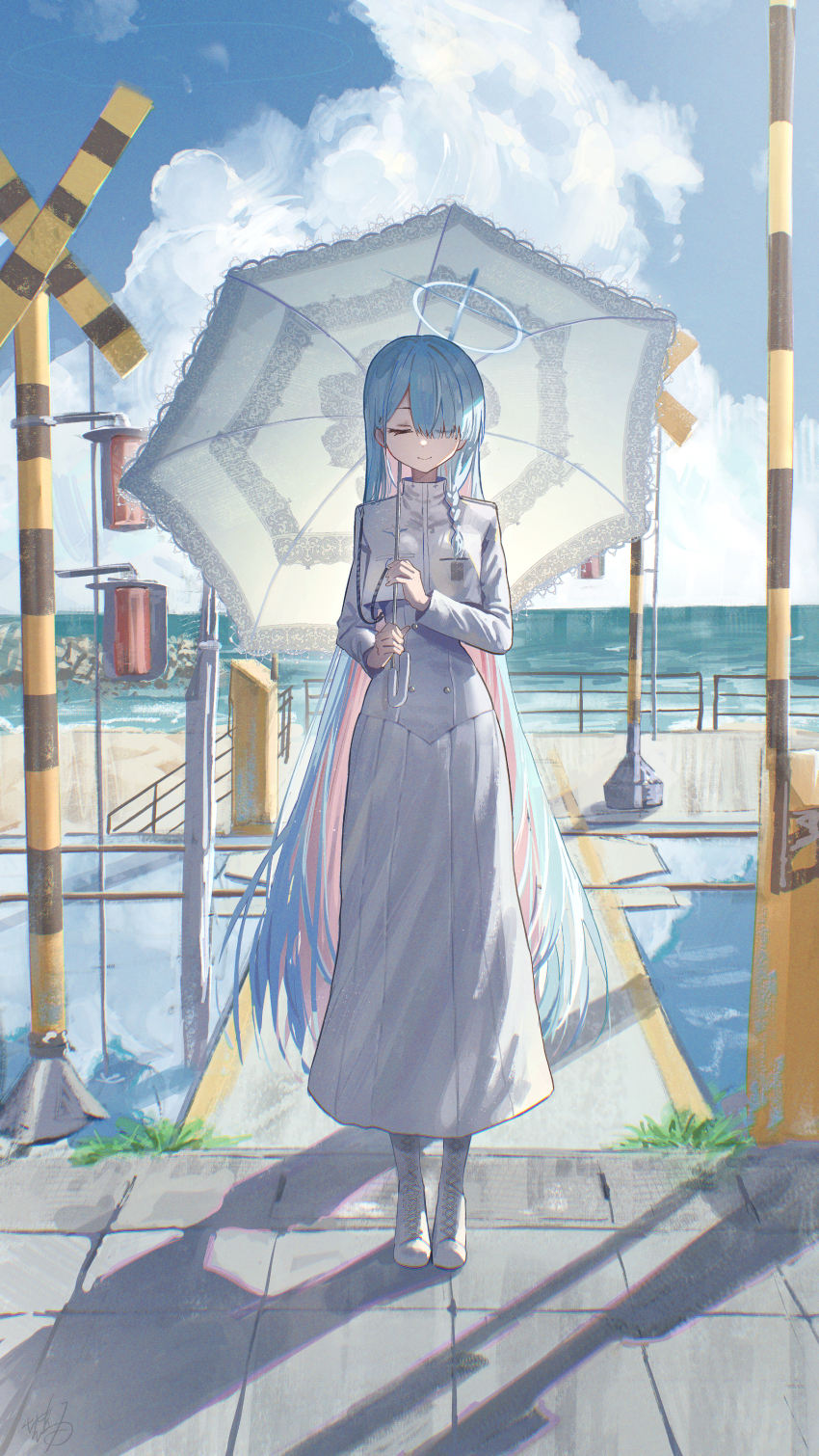 1girl absurdres aiguillette blue_archive blue_hair blue_halo blue_sky boom_barrier boots closed_eyes cloud colored_inner_hair commentary day facing_viewer full_body general_student_council_president_(blue_archive) hair_over_one_eye halo hidulume highres holding holding_umbrella lace-trimmed_umbrella lace-up_boots light_blue_hair long_hair long_skirt multicolored_hair outdoors pink_hair shadow skirt sky smile solo standing straight-on two-tone_hair umbrella very_long_hair white_boots white_umbrella