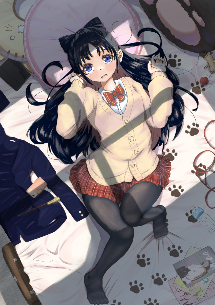 1girl :o absurdres black_bow black_hair black_pantyhose blue_eyes bottle bow brown_sweater from_above highres indoors kendama leash long_hair long_sleeves lying magazine_(object) miyao_nemu ni_tanto on_back on_bed pantyhose paw_print pillow plaid_clothes plaid_skirt red_bow red_skirt skirt sweater wallet water_bottle witch_watch