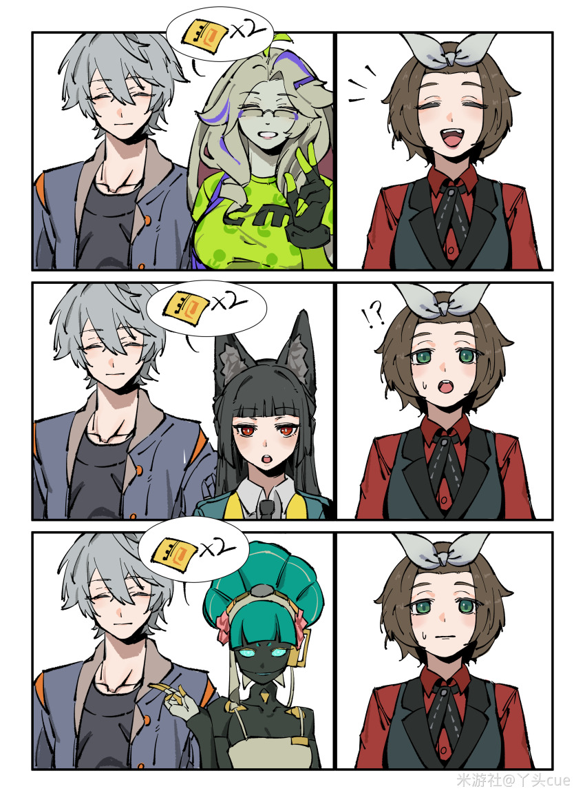 absurdres animal_ears asha_(zenless_zone_zero) black_hair blonde_hair brown_hair elfy_(zenless_zone_zero) fox_ears fox_girl glass green_eyes green_hair green_jacket hailey_(zenless_zone_zero) highres hoshimi_miyabi jacket robot_girl upper_body wise_(zenless_zone_zero) yatou_cue zenless_zone_zero