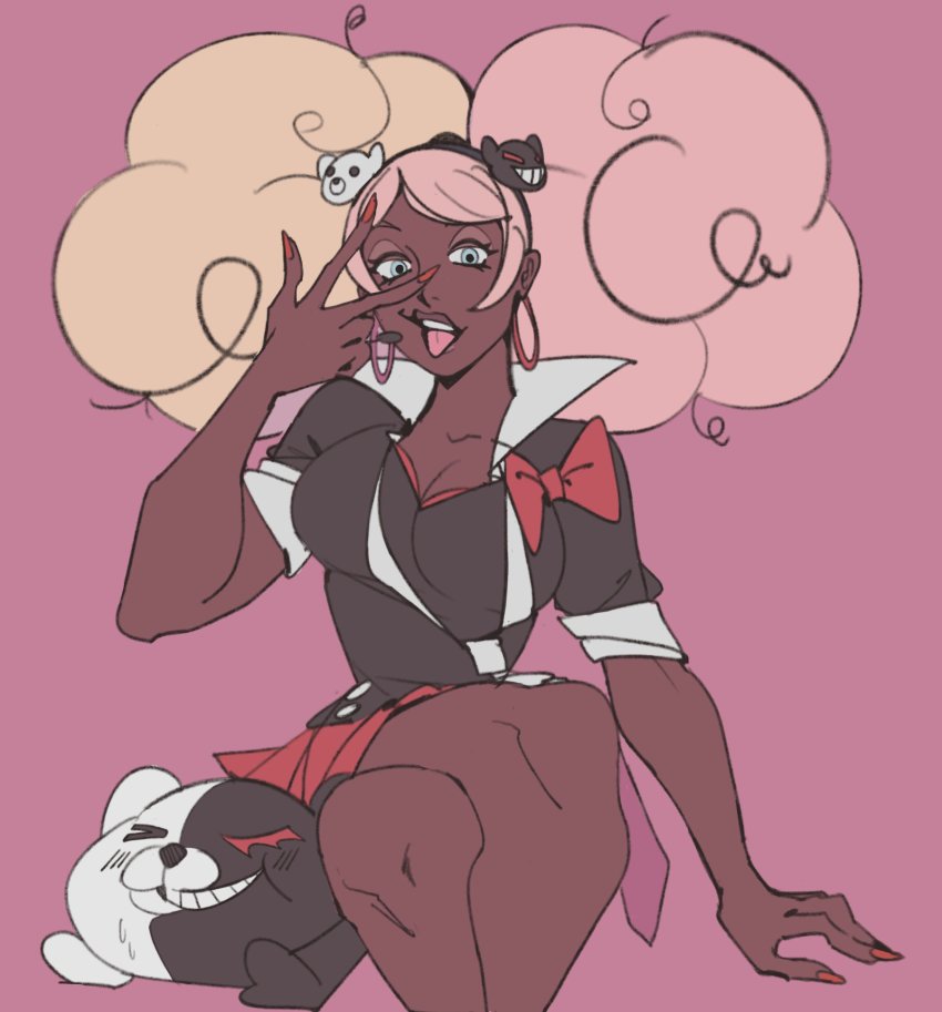 1girl 1mascot afro afro_puffs bear_hair_ornament black_hairband black_headband black_headwear blonde_hair blue_eyes bow bowtie breasts cleavage collarbone danganronpa_(series) danganronpa_another_episode:_ultra_despair_girls dark-skinned_female dark_skin earrings eyebrows eyebrows_hidden_by_hair fake_nails fingernails gurugurugravity hair_ornament hairband headband headwear_request highres hoop_earrings jewelry jojo_reference knees large_breasts long_eyelashes long_hair looking_at_viewer monokuma nail_polish necktie open_mouth pink_background red_bow red_nails red_skirt second_generation_enoshima_junko sharp_nails simple_background skirt teeth tongue tongue_out upper_teeth_only white_neckwear