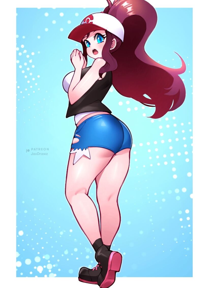 ass baseball_cap black_vest denim denim_shorts exposed_pocket hat high_ponytail highres hilda_(pokemon) huge_ass jaxdrawz nintendo pokemon pokemon_bw ponytail shorts vest