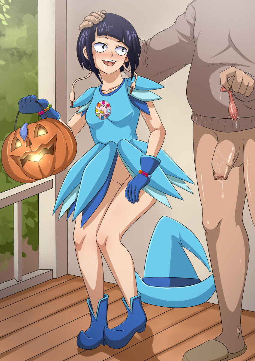 1boy 1girl absurdres aftersex age_difference blush boku_no_hero_academia cleft_of_venus condom condom_wrapper cosplay flat_chest foreskin full_body halloween hand_on_another&#039;s_head happy hat hetero highres jack-o&#039;-lantern jiro_kyoka looking_at_another no_panties ojamajo_doremi_(cosplay) open_mouth outdoors penis porch pussy pussy_juice saliva shoes short_hair size_difference skirt solo_focus standing the_dark_mangaka tile_floor tiles tomboy used_condom witch_hat
