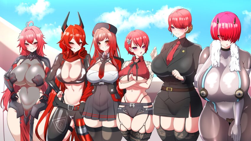 6+girls absurdres ahoge arm_armor arm_tattoo armor armored_bodysuit armored_leotard arms_at_sides arms_under_breasts belt beret black_armor black_choker black_garter_straps black_gloves black_jacket black_necktie black_ribbon black_shirt black_skirt black_thighhighs blue_sky blush bodystocking bodysuit bra bra_peek breasts brown_thighhighs choker cleavage clothing_cutout cloud cloudy_sky collared_shirt commentary commission covered_erect_nipples covered_navel cowboy_shot crop_top cropped_jacket crossed_arms crotch_plate cupless_bra curvy detached_sleeves drying ear_piercing earrings flower garter_straps gloves goddess_of_victory:_nikke gradient_necktie grey_bodysuit grey_flower groin gurum hair_between_eyes hair_bun hair_flower hair_ornament hair_over_one_eye hand_on_own_hip hand_up hands_on_own_hips hands_up hat height_difference highleg highleg_leotard highleg_panties highres hip_vent hongryeon_(last_origin) horns huge_breasts ignis_(last_origin) jacket janghwa_(last_origin) jewelry korean_commentary lace lace-trimmed_legwear lace-trimmed_thighhighs lace_trim large_breasts last_origin layered_skirt leaning_forward leather leather_pants leg_cutout leotard lineup long_hair long_sleeves looking_at_viewer lowleg lowleg_shorts mechanical_horns microskirt mole mole_under_eye multiple_girls multiple_moles navel neck_ribbon necktie nihilister_(nikke) nipple_shield o-ring o-ring_bottom o-ring_choker o-ring_panties o-ring_strap off-shoulder_shirt off_shoulder official_alternate_costume official_alternate_hair_color panties pants panty_straps parted_lips pencil_skirt piercing pleated_skirt purple_eyes rapi_(nikke) rapi_(red_hood)_(nikke) red_eyes red_hair red_hood_(nikke) red_necktie red_scarf red_shirt ribbon scarf see-through_cleavage see-through_clothes shirt short_hair short_shorts shorts shoulder_tattoo side_slit sidelocks single_hair_bun skindentation skirt sky smile standing stomach tattoo thick_thighs thighhighs thighs towel two-tone_bodysuit two-tone_necktie underboob underwear unzipped very_long_hair white_shirt wide_hips yellow_eyes