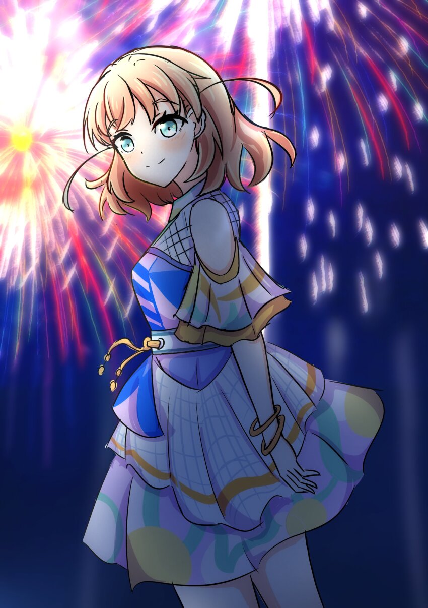 1girl absurdres aerial_fireworks aqua_eyes blue_dress blush breasts closed_mouth clothing_cutout commentary_request cowboy_shot crossed_bangs daime_(hyahhaa10) dress fireworks genyo_yako highres hinoshita_kaho layered_dress link!_like!_love_live! looking_at_viewer looking_back love_live! medium_breasts medium_hair multicolored_dress night official_alternate_costume orange_hair purple_dress short_sleeves shoulder_cutout smile solo split_mouth two_side_up virtual_youtuber white_dress