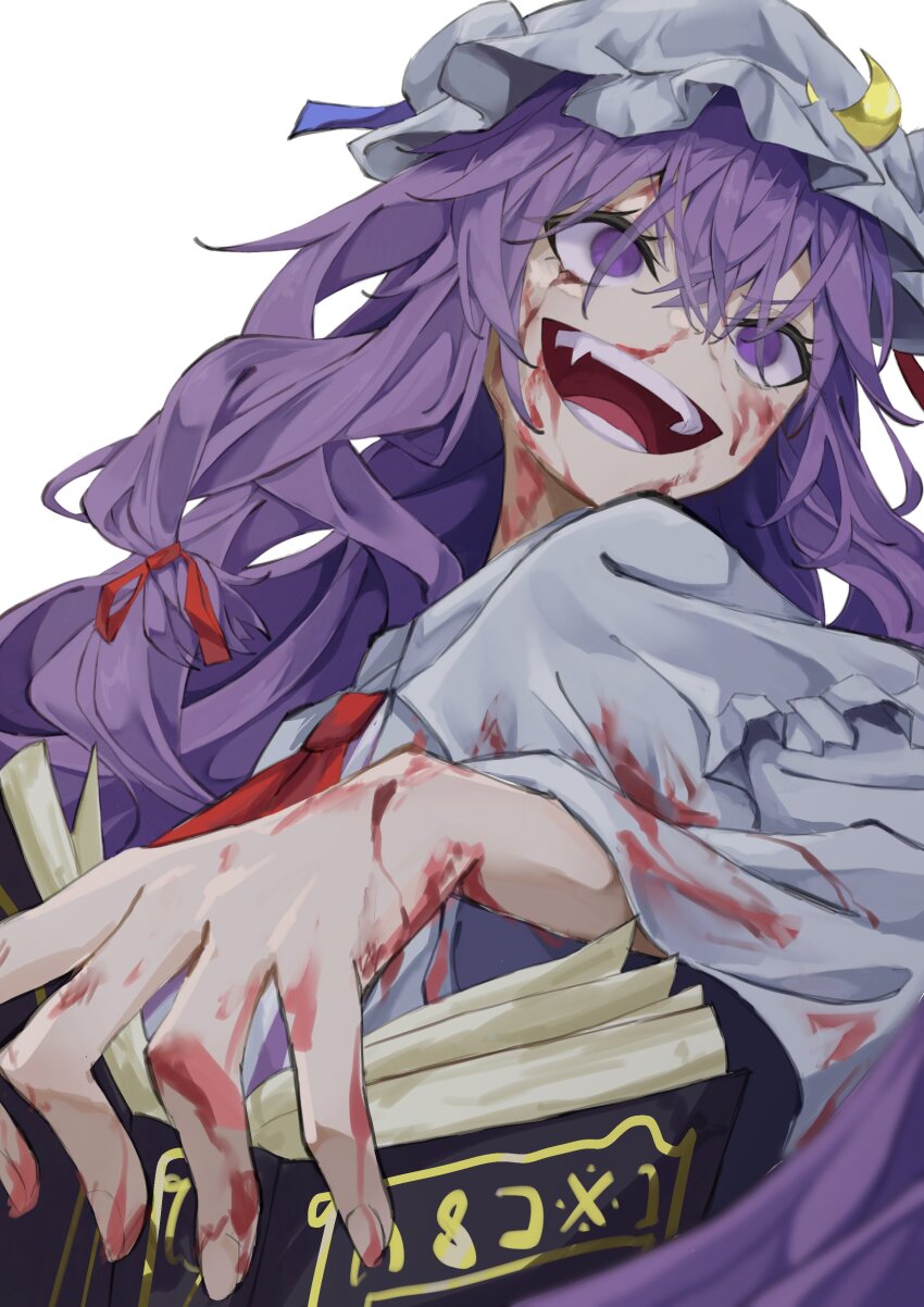 1girl absurdres blood blood_on_clothes blood_on_hands book crescent crescent_hat_ornament deburi276 grey_hat hat hat_ornament highres long_hair looking_at_viewer mob_cap open_mouth patchouli_knowledge purple_eyes purple_hair simple_background solo touhou upper_body white_background