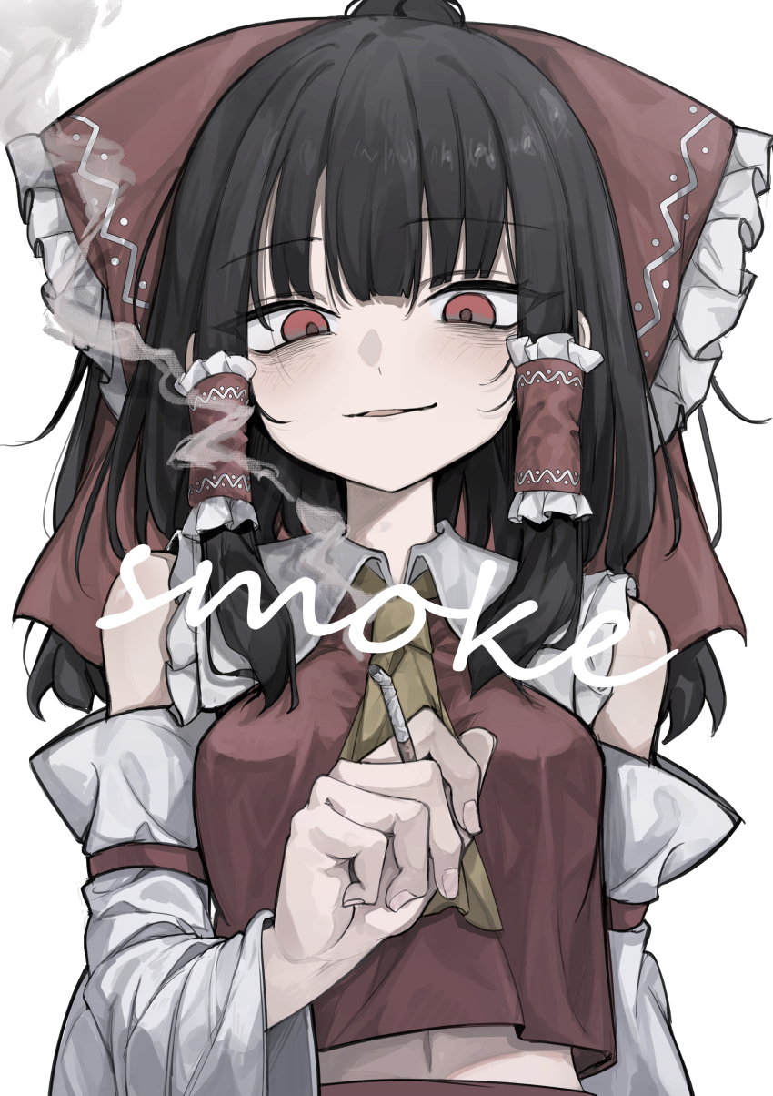 1girl absurdres ascot bare_shoulders black_hair bow breasts cigarette collar commentary detached_sleeves eyes_visible_through_hair fingernails frilled_bow frilled_hair_tubes frilled_shirt frills hair_bow hair_tubes hakurei_reimu hand_up highres hisha_(kan_moko) holding holding_cigarette light_smile long_hair looking_at_viewer looking_down midriff_peek navel parted_lips red_bow red_eyes red_shirt shirt simple_background sleeveless sleeveless_shirt small_breasts smoke solo touhou upper_body white_background white_collar yellow_ascot