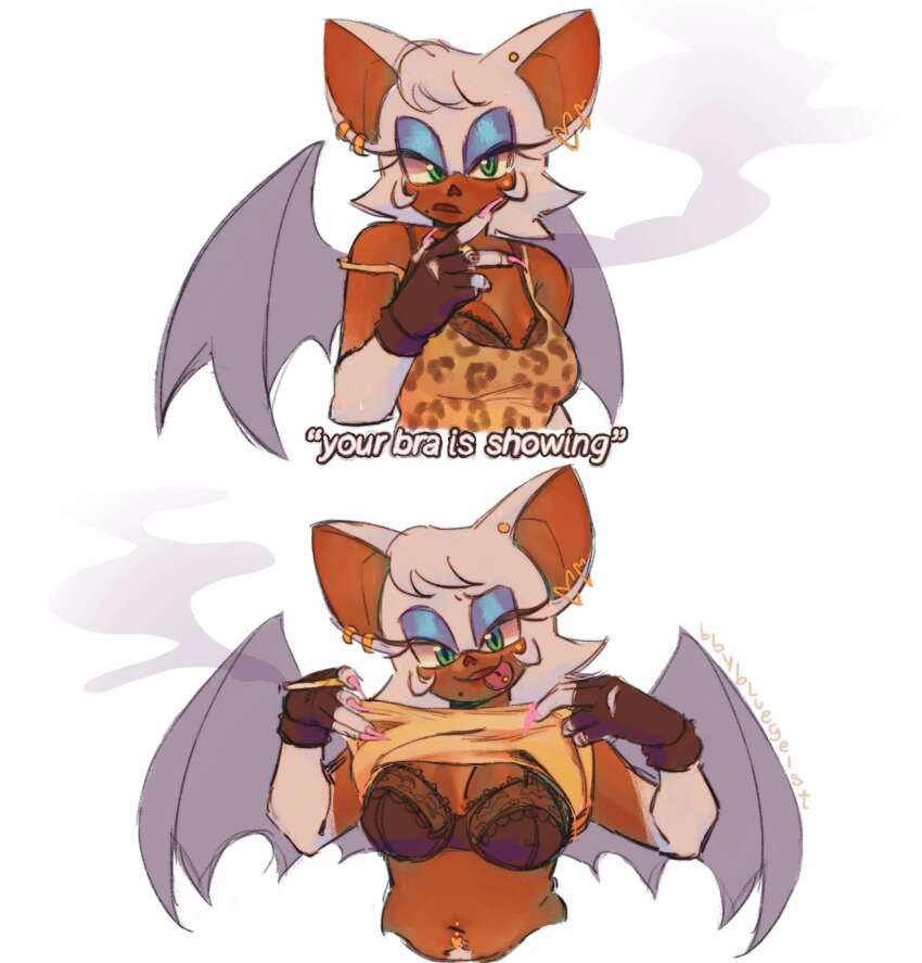 1girl :p animal_ears animal_nose bat_ears bat_girl bat_wings bbybluegeist blue_eyeshadow bra dark-skinned_female dark_skin ear_piercing eyeshadow female_pubic_hair fingerless_gloves fingernails furry furry_female gloves highres lace lace-trimmed_bra lace_trim lifting_own_clothes long_fingernails makeup navel_piercing piercing pink_nails pubic_hair rouge_the_bat sonic_(series) tongue tongue_out tongue_piercing underwear white_fur wings