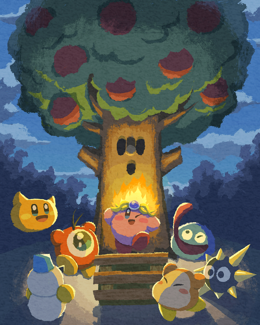 :o ;d apple arms_up blue_hat blush blush_stickers chilly_(kirby) closed_eyes cloud copy_ability fire fire_kirby floating food from_behind fruit gooey_(kirby) gordo hat highres kirby kirby_(series) long_tongue miclot night nintendo no_humans one-eyed one_eye_closed open_mouth outdoors scarfy smile snowman spikes tongue tongue_out tree waddle_dee waddle_doo whispy_woods